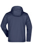 A men's outdoor jacket in navy blue, featuring a hood and back view with a logo.