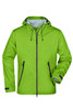 A vibrant green outdoor jacket with a hood and zippered pockets, featuring a branding logo.