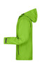 A bright green outdoor jacket with a hood, featuring long sleeves and adjustable cuffs. It includes a logo.