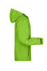 A bright green men's outdoor rain jacket with a hood and zippered pockets, featuring an attached logo.