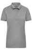 A grey ladies workwear polo shirt with a collar and five buttons, featuring a branding label.