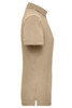 A beige ladies workwear polo shirt with a collared neck and short sleeves, featuring a logo.