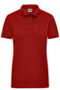 A red ladies workwear polo shirt with a classic collar and a button placket, featuring a logo.