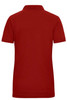 A red polo shirt with a folded collar and short sleeves, featuring a logo on the left side.