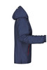 A navy ladies rain jacket with a hood, featuring zippered pockets and elastic cuffs. It has a branding logo.
