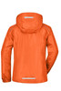 An orange rain jacket with a hood and reflective detailing, featuring a logo on the back.