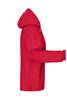 A red ladies rain jacket with a hood, featuring zippered pockets and elastic cuffs. It has a logo on it.
