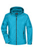 A turquoise ladies rain jacket with a hood and zippered pockets, featuring a logo on the chest.