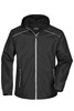 A black men's rain jacket featuring zippered pockets and a hood, with reflective detailing and a logo.