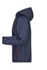 A navy men's rain jacket with a hood, featuring zippered pockets and a logo on the sleeve.