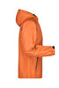 An orange men's rain jacket with a hood and zippered pockets, featuring a logo on the chest.