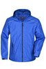 A blue men's rain jacket featuring a hood, zipped front, and side pockets. Includes a logo on the chest.