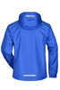 A blue men's rain jacket featuring a hood and reflective detailing on the back. It has a logo on the sleeve.