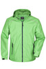 A bright green men's rain jacket with a hood, featuring zippers and side pockets. The jacket has a logo.