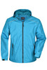 A men's rain jacket in a bright blue colour, featuring a hood and zippered pockets. It has a logo on the chest.
