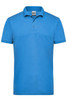 A bright blue men's polo shirt with a collar and three-button placket, featuring a logo on the chest.