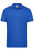 A blue men's work polo shirt with a collar and three buttons, featuring a logo on the chest.