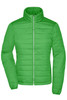 A green ladies padded jacket with a zip front and high collar, featuring a logo on the chest.