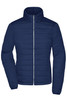 A navy blue ladies padded jacket with a zip closure and a stand-up collar. It features a simple design with a logo.