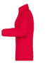 A red padded jacket with a zip closure and a side view showcasing its quilted design. There is a logo on the jacket.