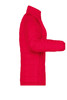 A red ladies padded jacket featuring a side view, with a zip and a design typical of puffer jackets.