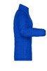 A side view of a blue ladies padded puffer jacket featuring a zippered pocket. The jacket has a stand-up collar.