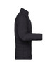 A black padded jacket featuring a quilted design and a stand-up collar, with a side view showcasing the sleeves.