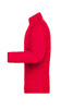 A red padded jacket with a side view, featuring a zip closure and a logo on the chest area.