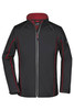 A softshell jacket in black with red accents, featuring a zip front and a logo on the sleeve.
