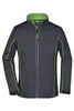 A grey softshell jacket with green detailing and a zip front, featuring a logo on the arm.