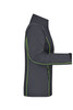 A softshell jacket in dark grey with green accents, featuring a zip-off design and a side view display.
