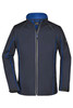 A navy blue zip-off softshell jacket with light blue accents and a logo on the sleeve.