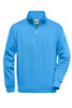 A blue half zip sweat jumper with a collar and long sleeves, featuring a logo on the chest.