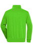 A bright green half zip sweat jumper with a collar and a logo on the back. Suitable for workwear.