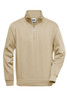 A beige half zip sweat with long sleeves and a collar. Features a logo on the front.