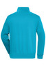 A turquoise half zip sweat jumper featuring a collar and long sleeves, with a logo on the back.
