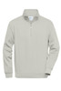 A light grey half-zip sweatshirt featuring long sleeves and a collar, designed for workwear. Includes a logo.