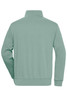A back view of a mint green half zip sweat jumper featuring a collar and long sleeves. The garment has a logo.