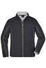 A black softshell jacket with contrast white stitching and a zip front, featuring a collar and long sleeves.