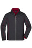 A black zip-off softshell jacket with red accents and a zippered front, featuring a collar and a branded logo.