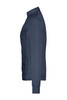 A navy blue hybrid sweat jacket featuring a zippered pocket and a sleek, modern design. It has a logo on it.