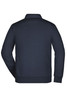 A navy blue men's hybrid sweat jacket featuring a collar and a logo. The back view shows a plain design.