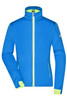 A bright blue ladies softshell jacket with a high collar and neon green accents. It has a logo on one sleeve.