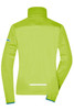 A vibrant lime green ladies softshell jacket featuring a high collar and reflective detailing. It has a logo on the sleeve.