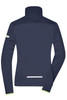A navy softshell jacket for ladies, featuring a high collar and reflective detailing. It has a logo on the sleeve.