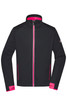 A men's softshell jacket in black with pink accents and a zip front, featuring side pockets and a logo.