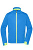 A men's sports softshell jacket in bright blue with neon yellow accents and zippers, featuring a logo on the sleeve.