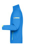 A men's softshell jacket in blue with bright yellow accents and a zippered pocket on the sleeve.