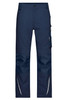 Navy workwear pants featuring reinforced panels and a side pocket. Includes reflective details and a logo.