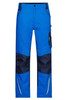 Bright blue work pants with navy sections, featuring pockets and reflective details. Includes a logo on the leg.
